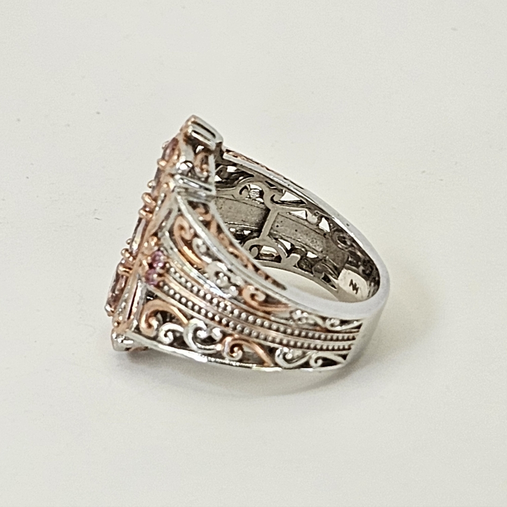 Genuine Morganite & Sapphire Ring 18K Rose Gold Palladium Sterling Silver Sz 7 - Picture 5 of 11